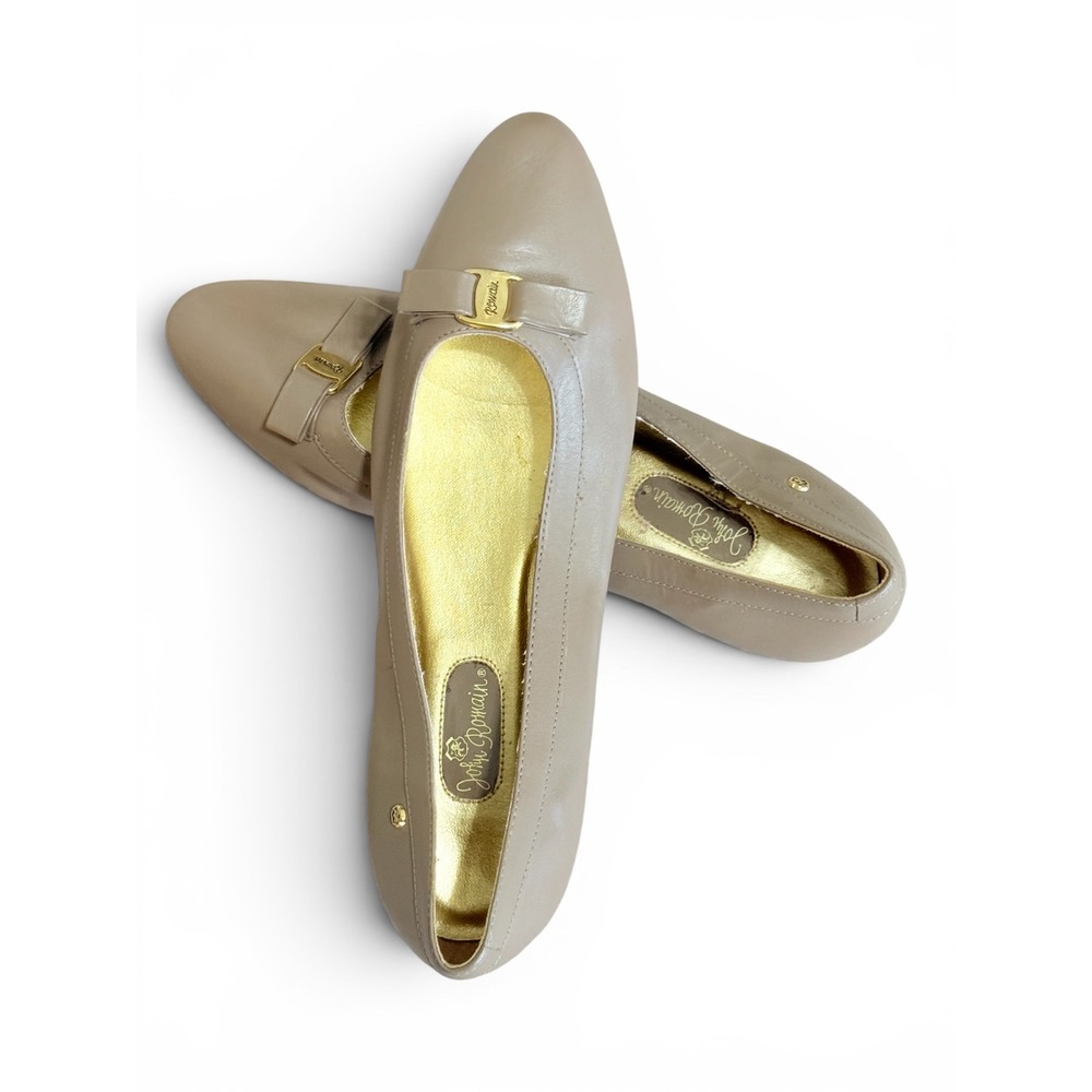 John Romain Nancy Taupe Leather Ballet Flats‎ Gold Buckle Bow Made in Brazil 9.5